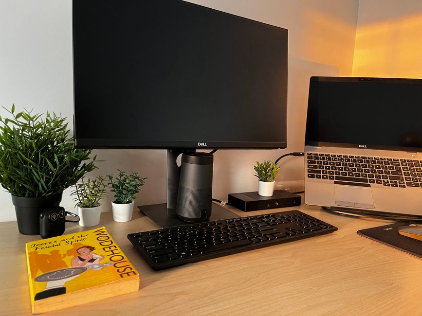 A modern home office setup featuring a monitor, laptop, and greenery for remote work inspiration.