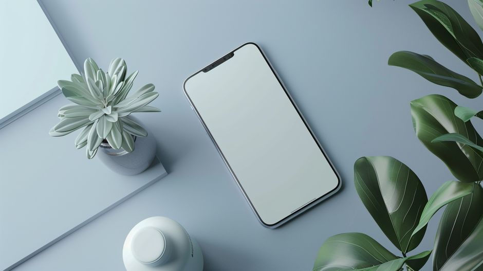 Minimalist top view of a smartphone with lush green plants on a clean desk. Perfect for modern workspace designs.